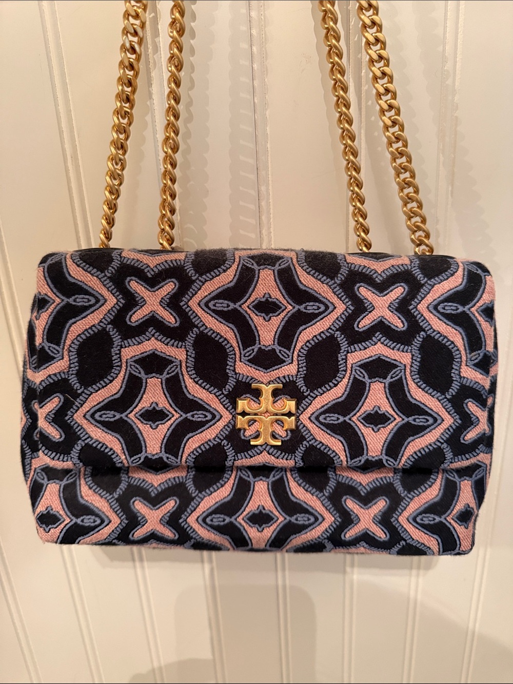 Tory Burch Pink and Navy Geometric Quilted Shoulder Bag with Gold Chain